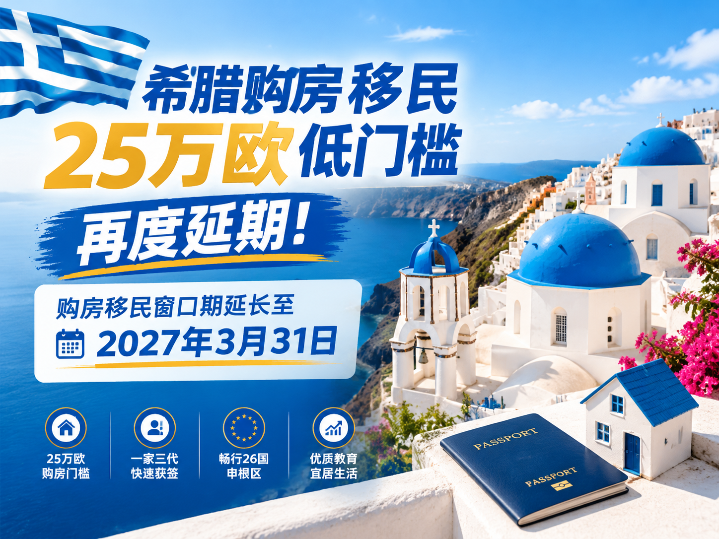 希腊购房移民25万欧低门槛再度延期!购房移民窗口期延长至2027年3月31日